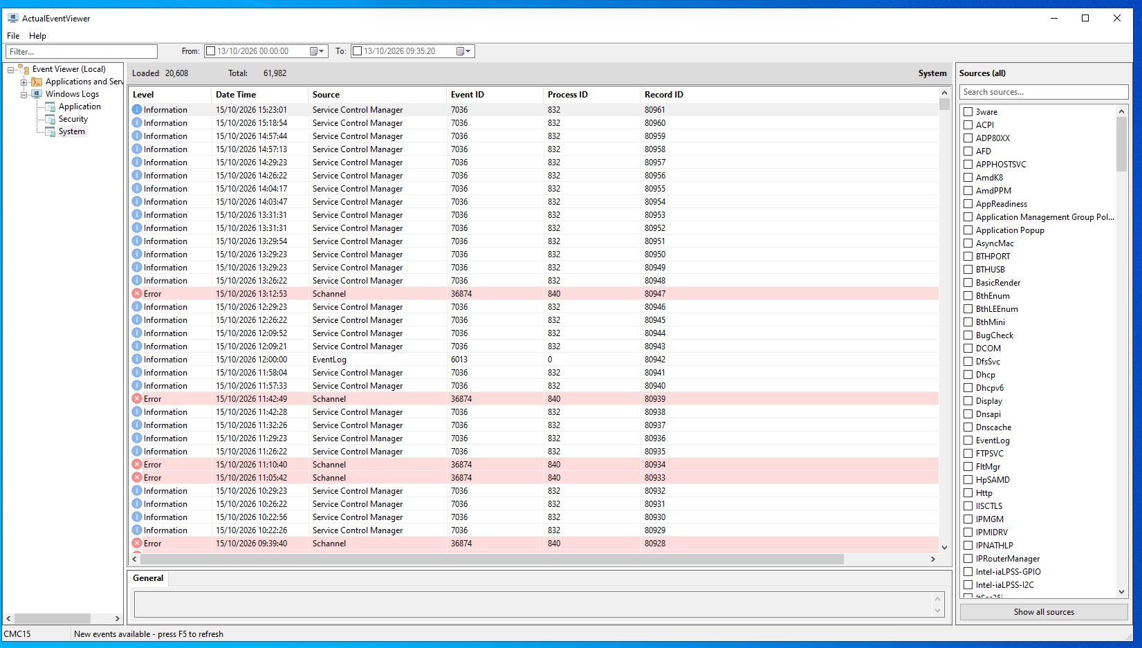 Browsing and filtering of events logged.